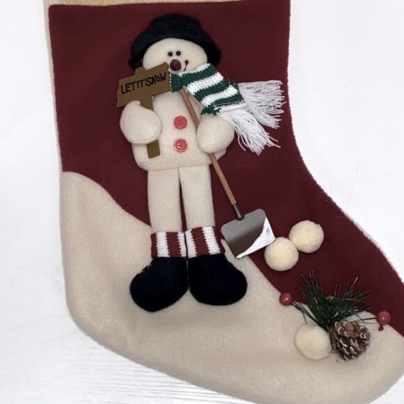 Let It Snow Holiday Snowman Christmas Stocking In Off White And Red - Picture 6 of 12